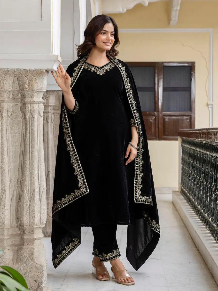 TRENDMALLS Women's Velvet Embroidery Kurta Pant Set with Dupatta - Black, Large | Festive Ethnic Fusion Wear - view 3