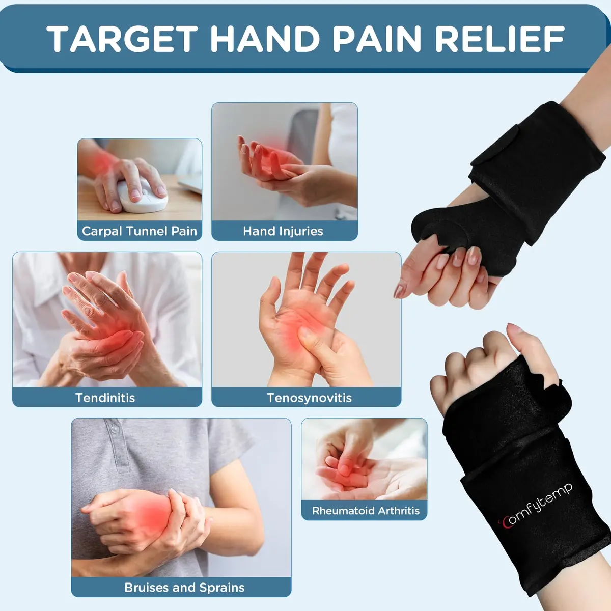 Comfytemp Wrist Ice Pack Wrap for Carpal Tunnel Relief 20"x4" Black | Reusable Gel Cold Pack for Hand & Wrist - view 2