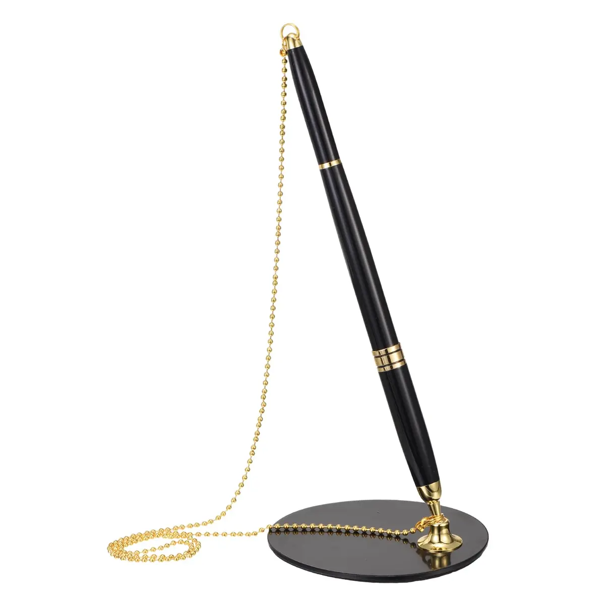 PATIKIL Secure Pen with Chain and Adhesive Pen Holder, Black Gold | Metal Ballpoint Pen for Offices and Banks - main product image