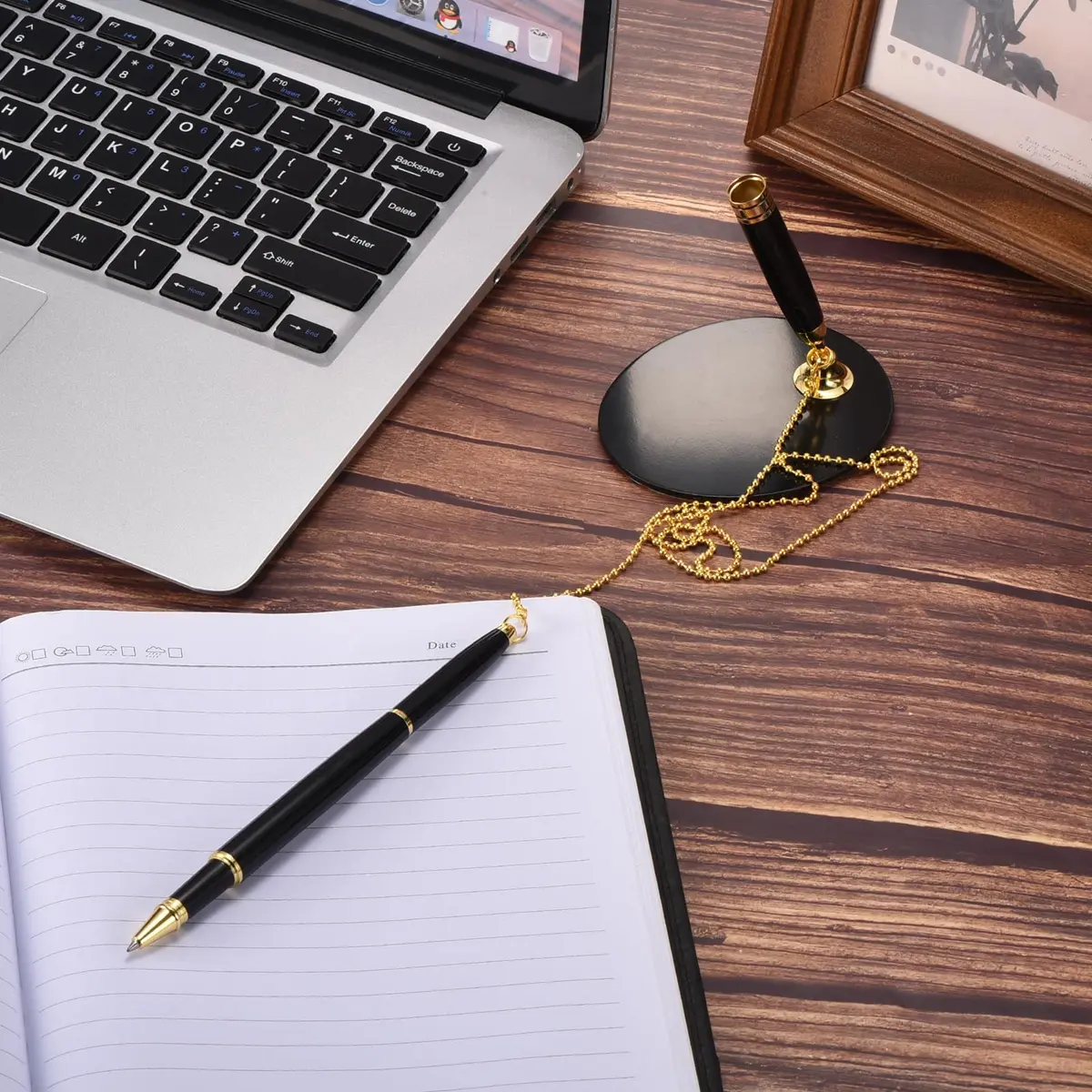 PATIKIL Secure Pen with Chain and Adhesive Pen Holder, Black Gold | Metal Ballpoint Pen for Offices and Banks - view 6