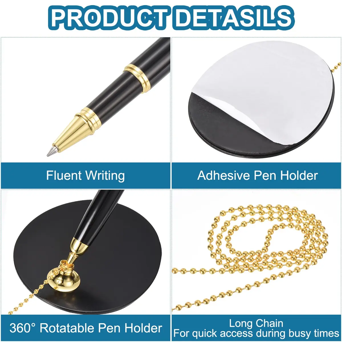 PATIKIL Secure Pen with Chain and Adhesive Pen Holder, Black Gold | Metal Ballpoint Pen for Offices and Banks - view 3