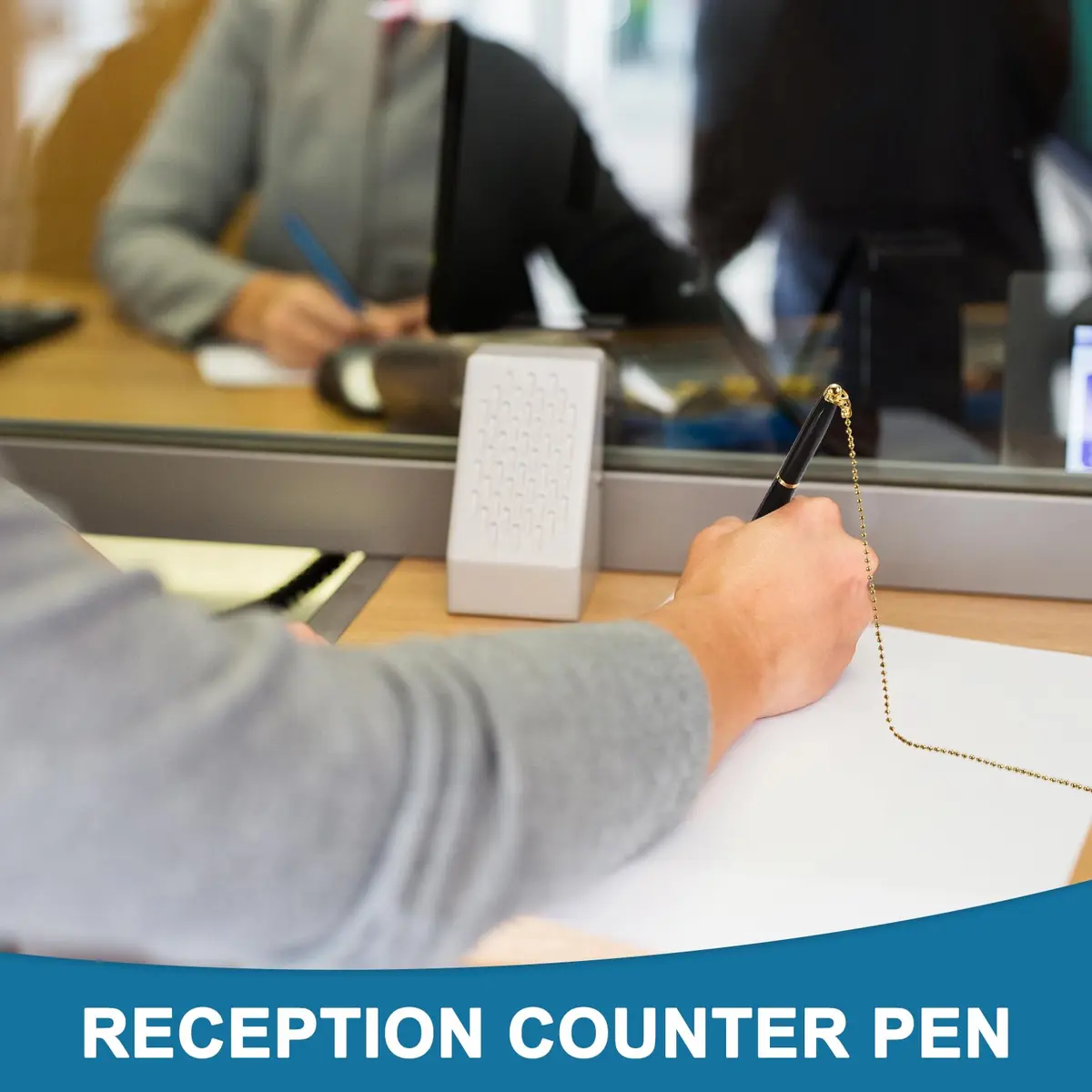 PATIKIL Secure Pen with Chain and Adhesive Pen Holder, Black Gold | Metal Ballpoint Pen for Offices and Banks - view 4
