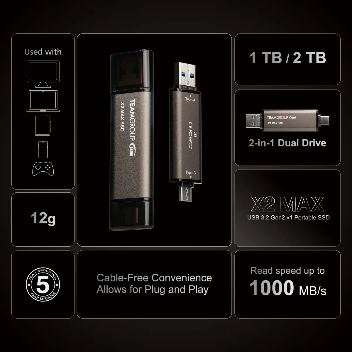 TEAMGROUP 2TB X2 MAX External SSD 1000MB/s | Titanium Color, USB 3.2 Gen2 - view 7