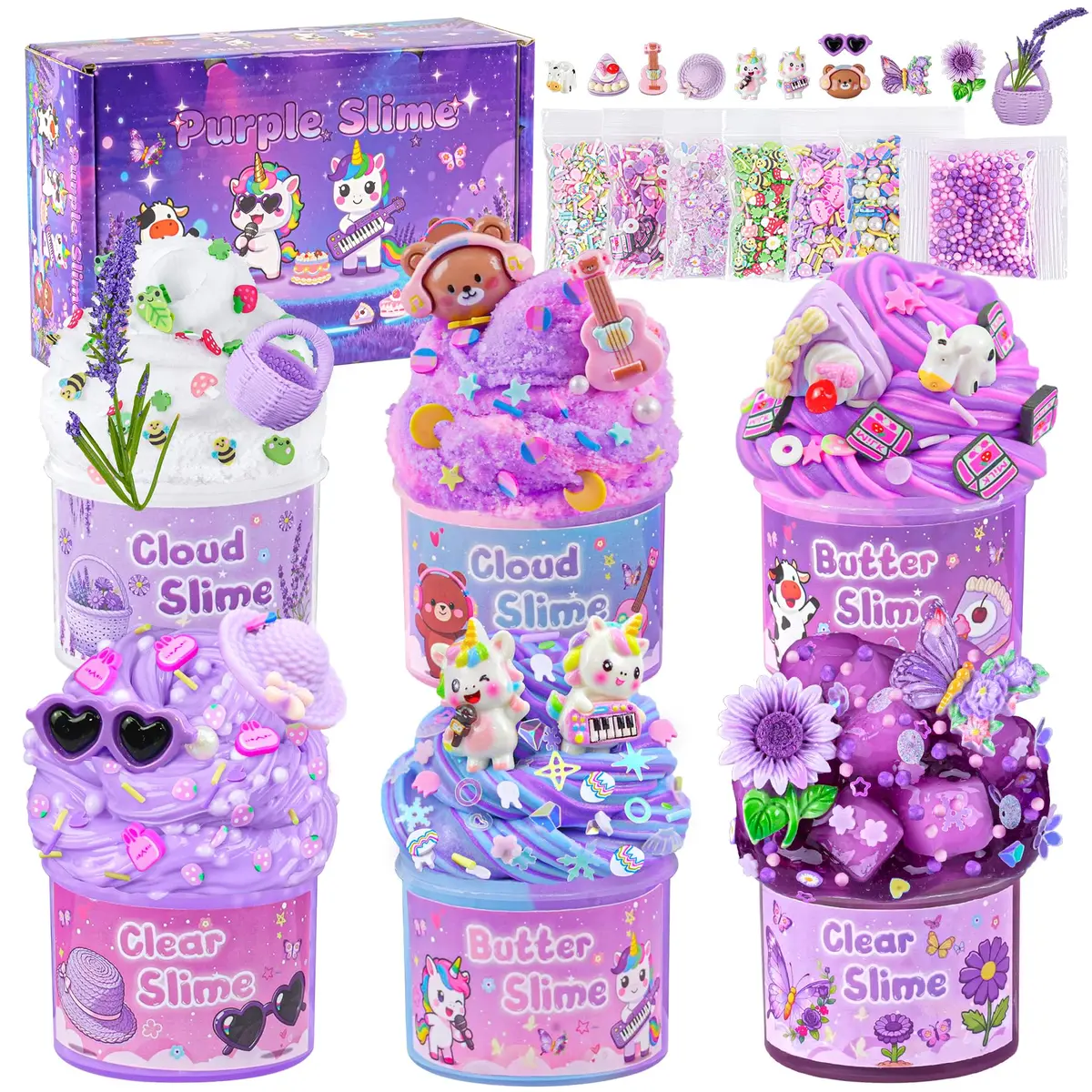 LAWOHO 6 Pack Purple Slime Kit | Butter Cloud Squishy Birthday Gift Set with Charms (360ml Total) - main product image