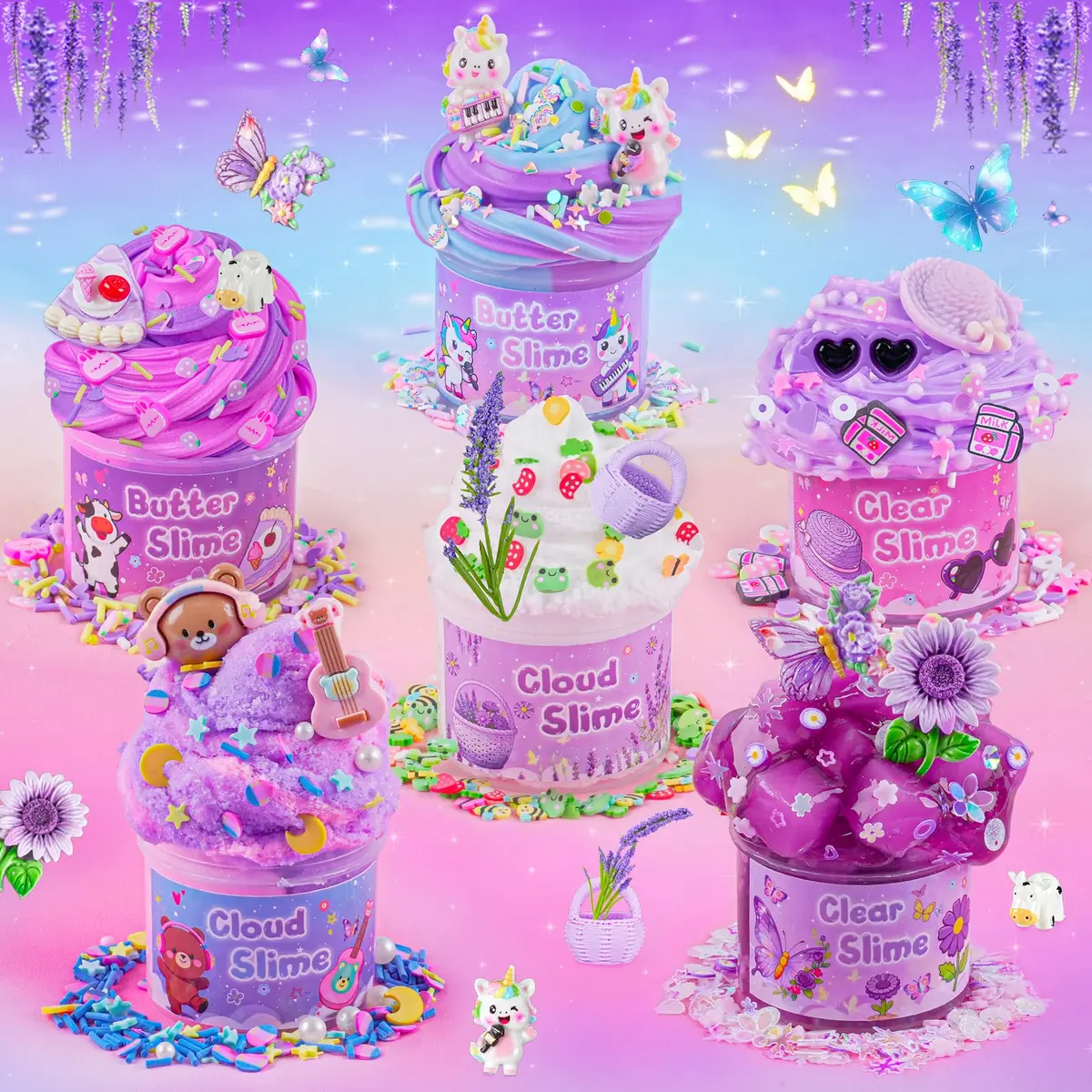 LAWOHO 6 Pack Purple Slime Kit | Butter Cloud Squishy Birthday Gift Set with Charms (360ml Total) - view 5