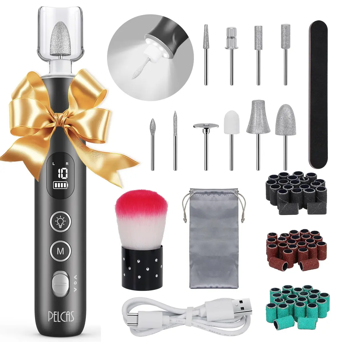 PELCAS Cordless Electric Nail Drill 6.5" x 1" | 10-Speed Portable Manicure & Pedicure Tool with LED Light - main product image