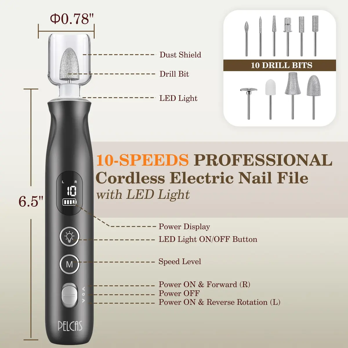 PELCAS Cordless Electric Nail Drill 6.5" x 1" | 10-Speed Portable Manicure & Pedicure Tool with LED Light - view 5