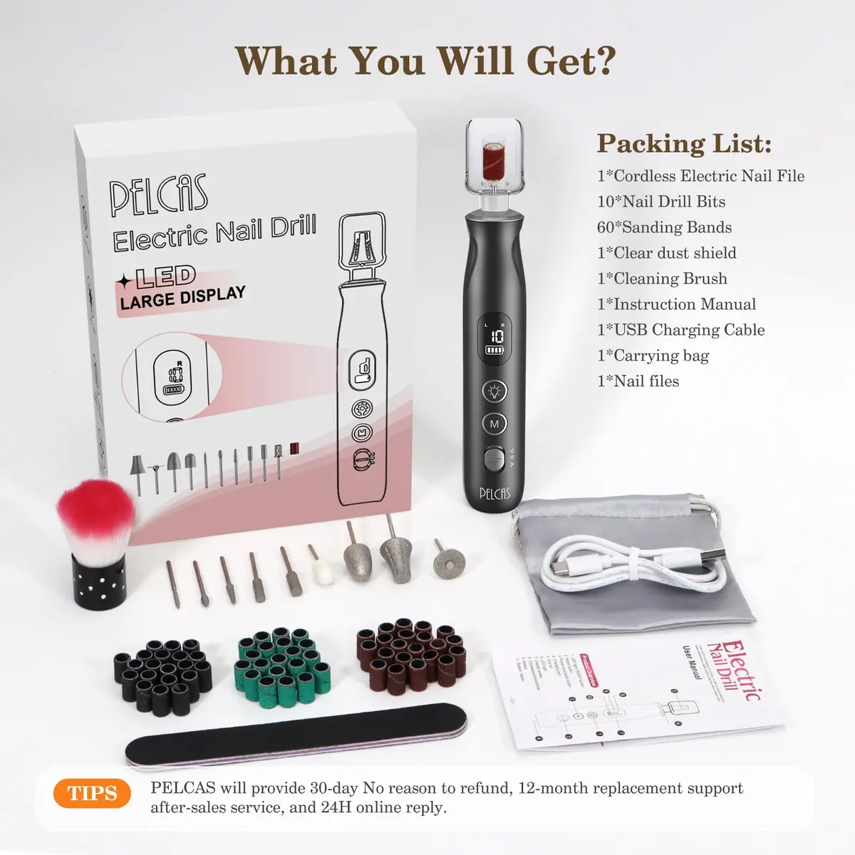 PELCAS Cordless Electric Nail Drill 6.5" x 1" | 10-Speed Portable Manicure & Pedicure Tool with LED Light - view 7