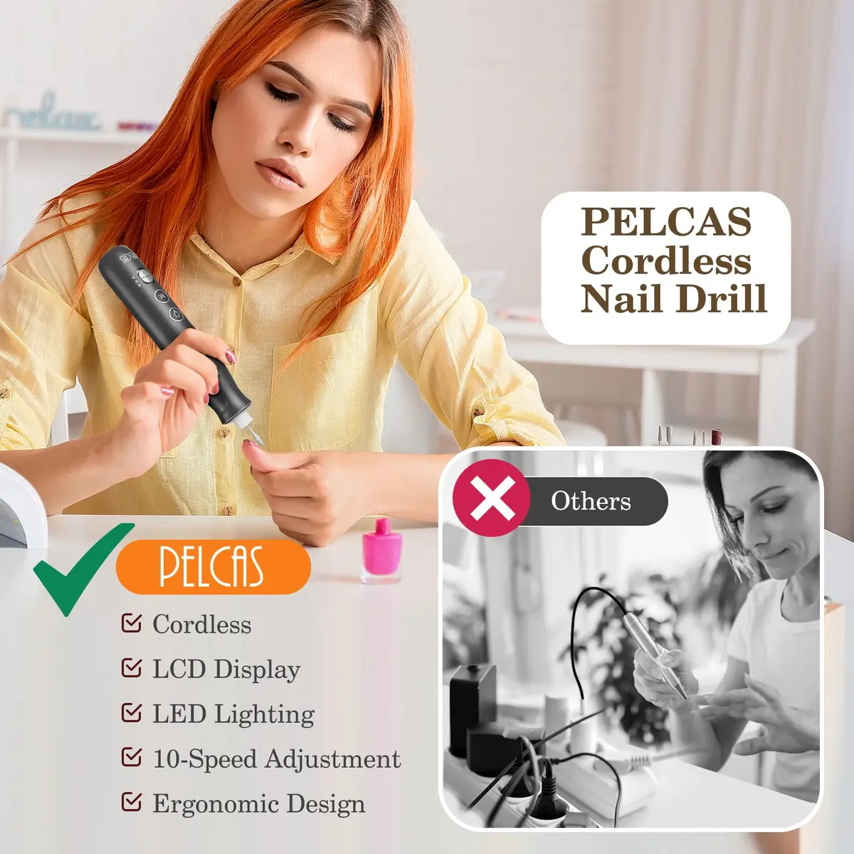 PELCAS Cordless Electric Nail Drill 6.5" x 1" | 10-Speed Portable Manicure & Pedicure Tool with LED Light - view 3