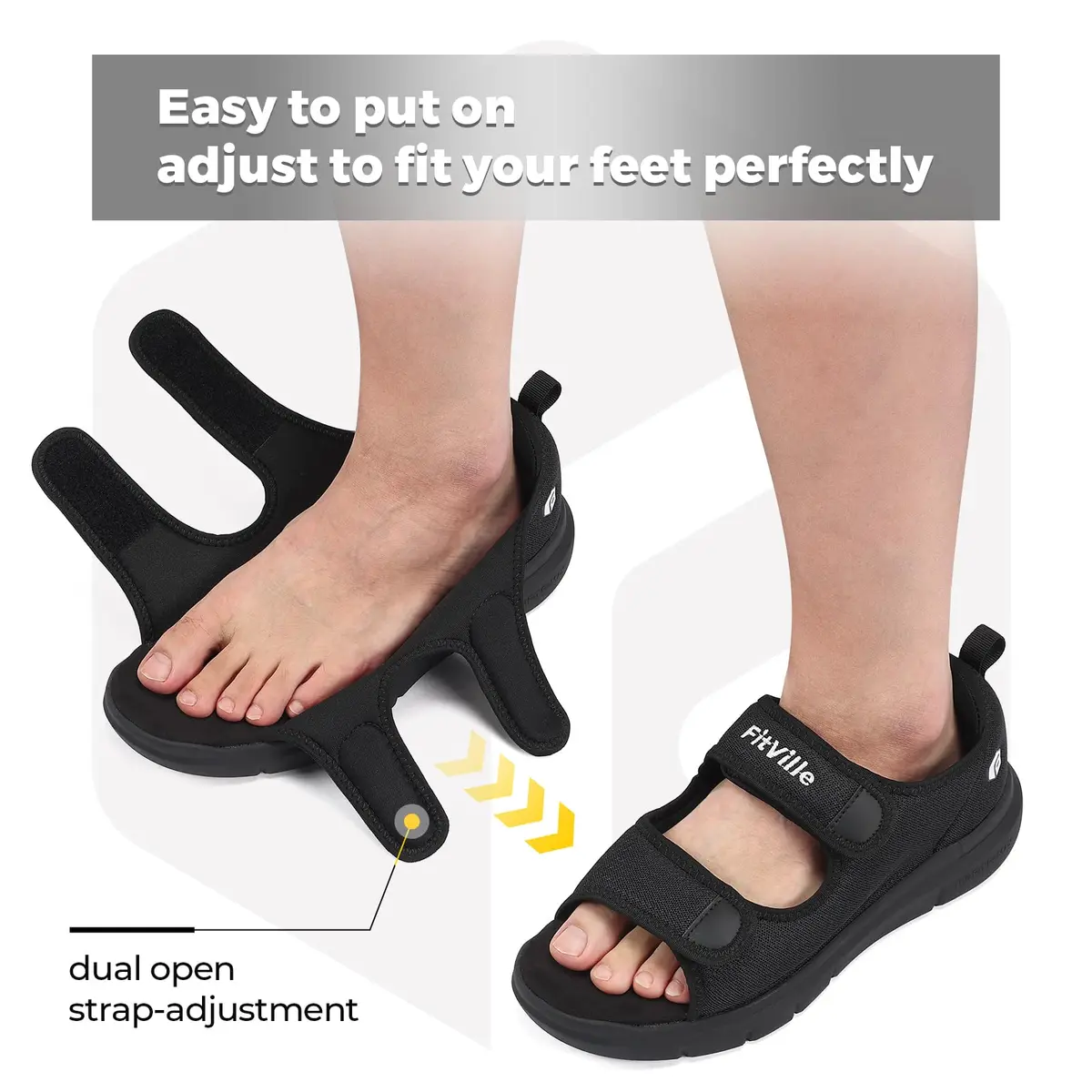 FitVille Diabetic Sandals for Men Wide Width with Arch Support, Men Diabetic Sandals Adjustable (Black, 10.5W) - view 2