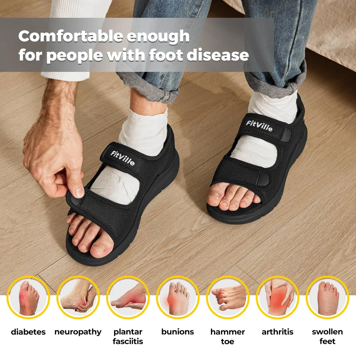 FitVille Diabetic Sandals for Men Wide Width with Arch Support, Men Diabetic Sandals Adjustable (Black, 10.5W) - view 3