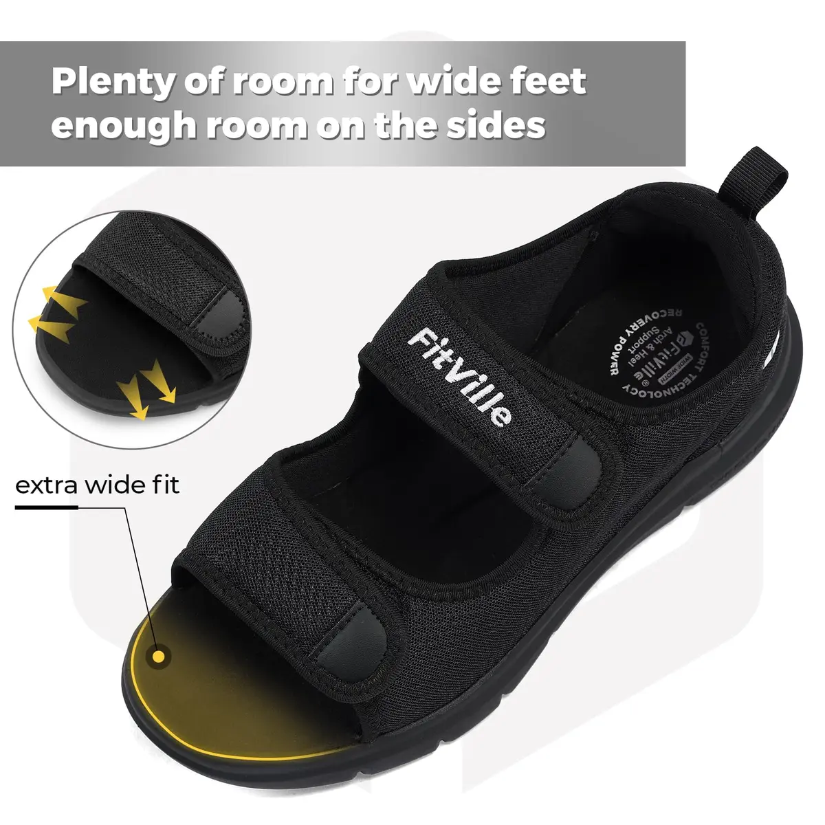 FitVille Diabetic Sandals for Men Wide Width with Arch Support, Men Diabetic Sandals Adjustable (Black, 10.5W) - view 4