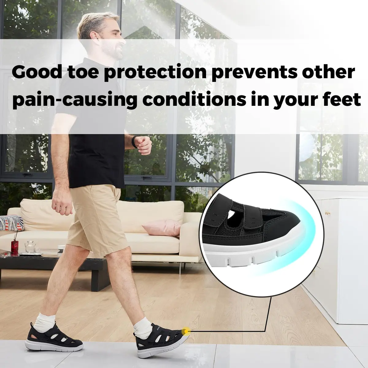 FitVille Diabetic Sandals for Men Wide Width with Arch Support Comfortable Mens Diabetic Sandals Fully Adjustable Straps Lightweight Black - view 6
