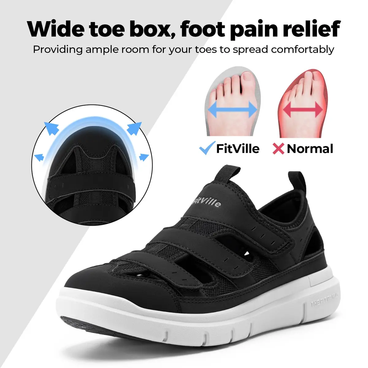 FitVille Diabetic Sandals for Men Wide Width with Arch Support Comfortable Mens Diabetic Sandals Fully Adjustable Straps Lightweight Black - view 2