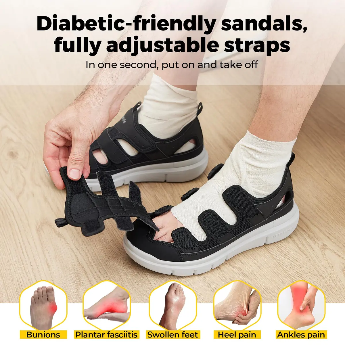 FitVille Diabetic Sandals for Men Wide Width with Arch Support Comfortable Mens Diabetic Sandals Fully Adjustable Straps Lightweight Black - view 3