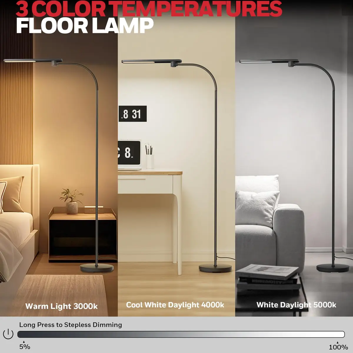 Honeywell LED Floor Lamp Dimmable Gooseneck 77" | Eye-Caring, Stepless Dimming, Modern Design - view 4