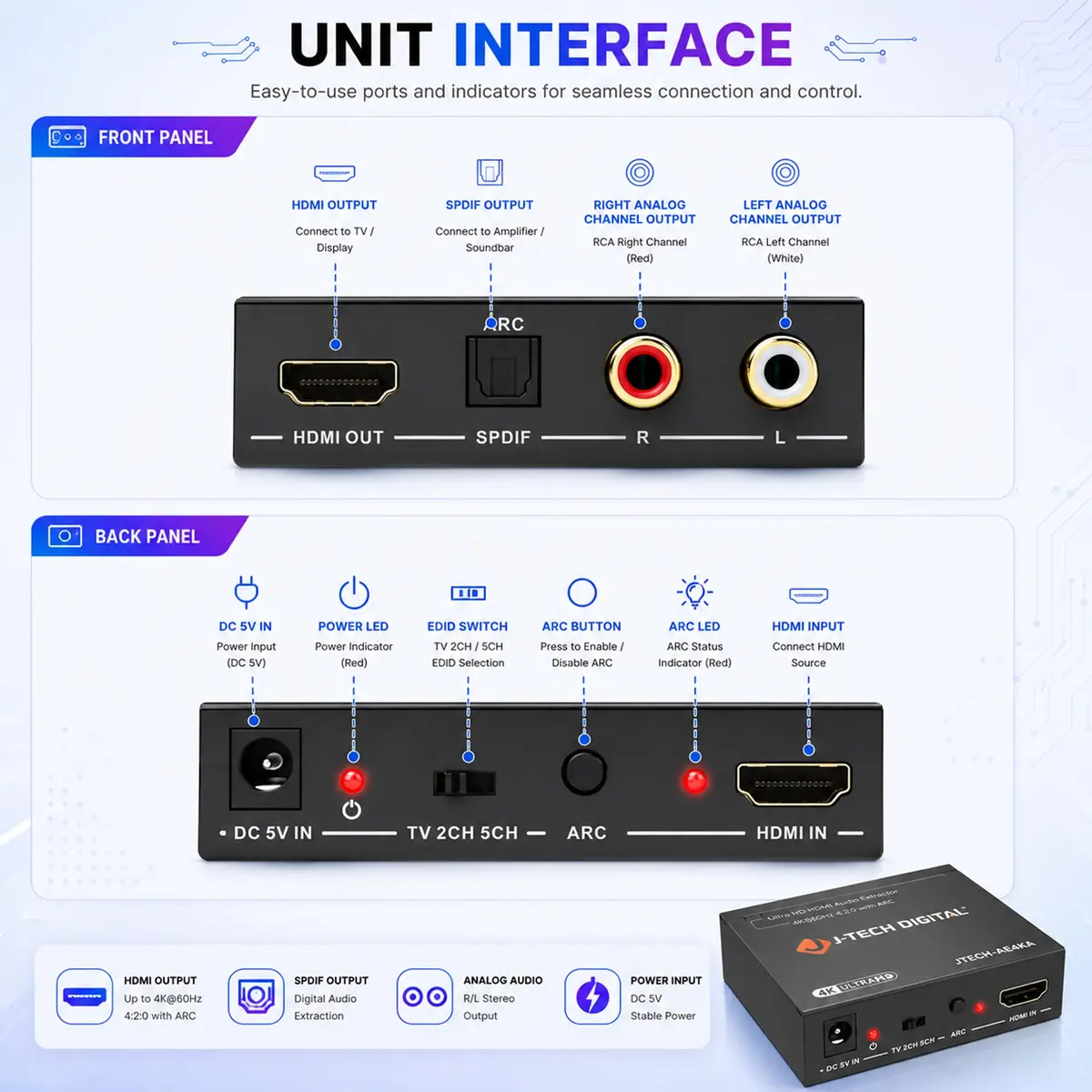 J-Tech Digital HDMI Audio Extractor 4K 60Hz & ARC Support | HDMI to RCA Optical Compatible with Dolby Digital DTS Stereo for Laptop Blu-Ray Gaming Consoles - view 8
