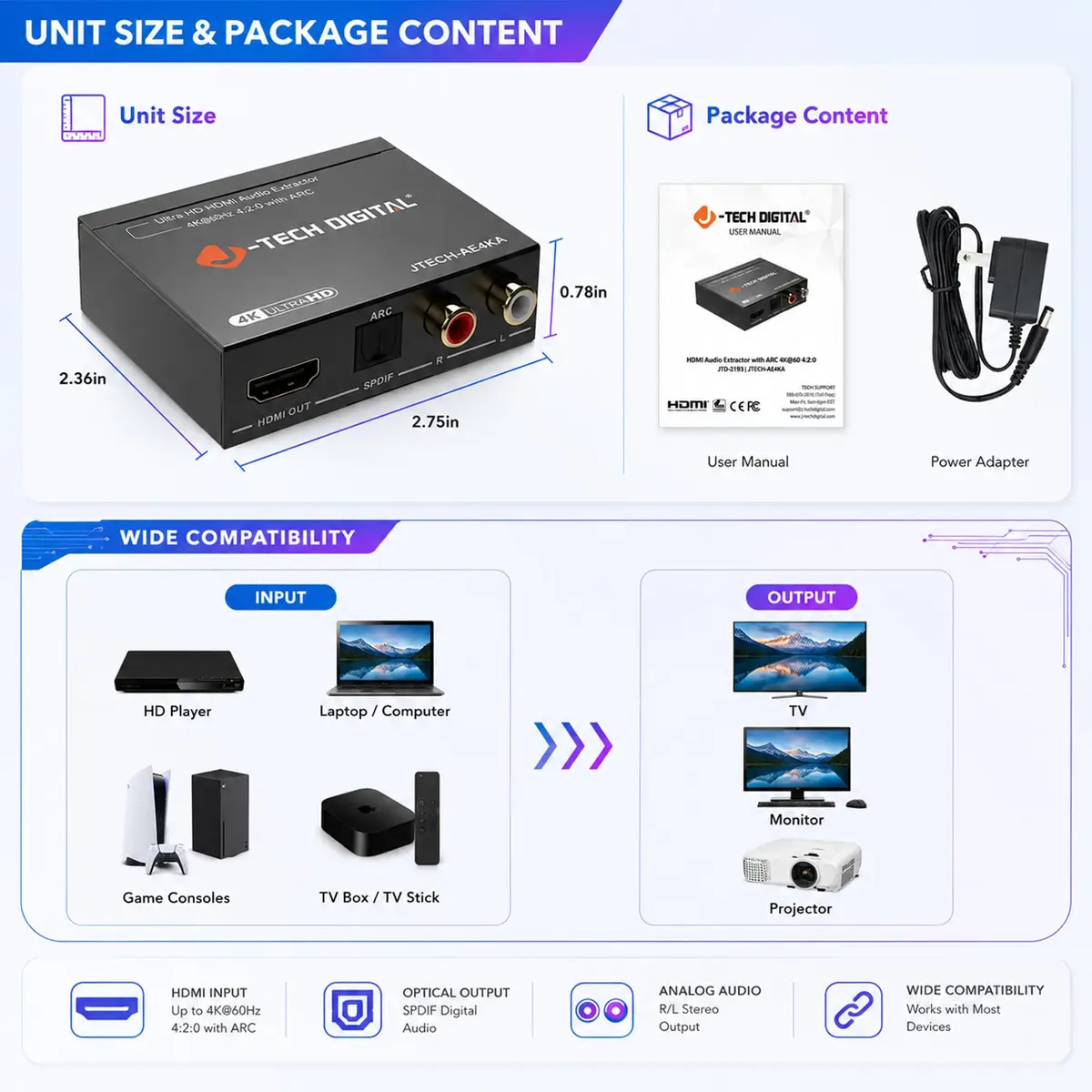 J-Tech Digital HDMI Audio Extractor 4K 60Hz & ARC Support | HDMI to RCA Optical Compatible with Dolby Digital DTS Stereo for Laptop Blu-Ray Gaming Consoles - view 9