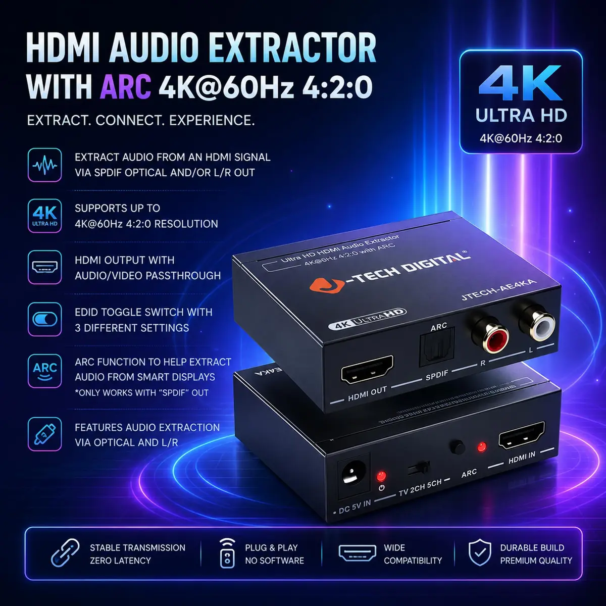 J-Tech Digital HDMI Audio Extractor 4K 60Hz & ARC Support | HDMI to RCA Optical Compatible with Dolby Digital DTS Stereo for Laptop Blu-Ray Gaming Consoles - view 2