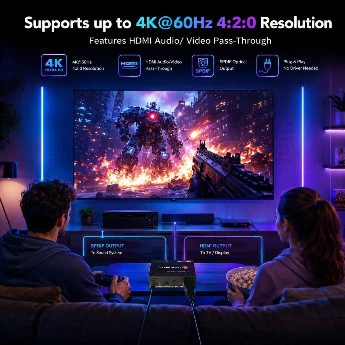J-Tech Digital HDMI Audio Extractor 4K 60Hz & ARC Support | HDMI to RCA Optical Compatible with Dolby Digital DTS Stereo for Laptop Blu-Ray Gaming Consoles - view 3