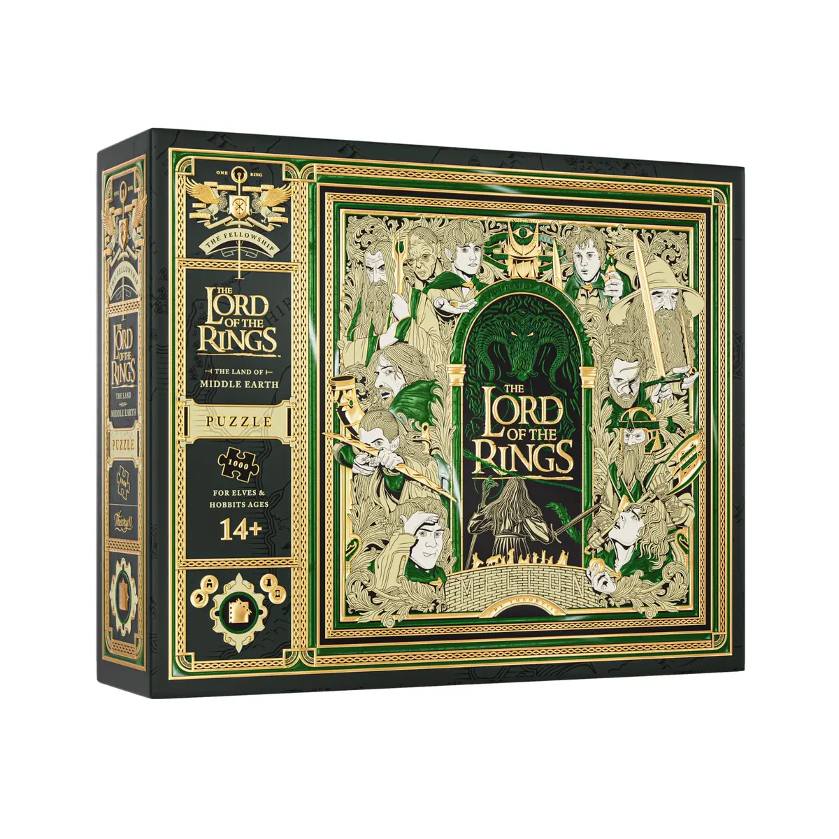 theory11 Lord of the Rings Jigsaw Puzzle - 1,000 Piece | Middle-earth Artwork with Gold & Green Foil (9.75 in x 8 in) - main product image
