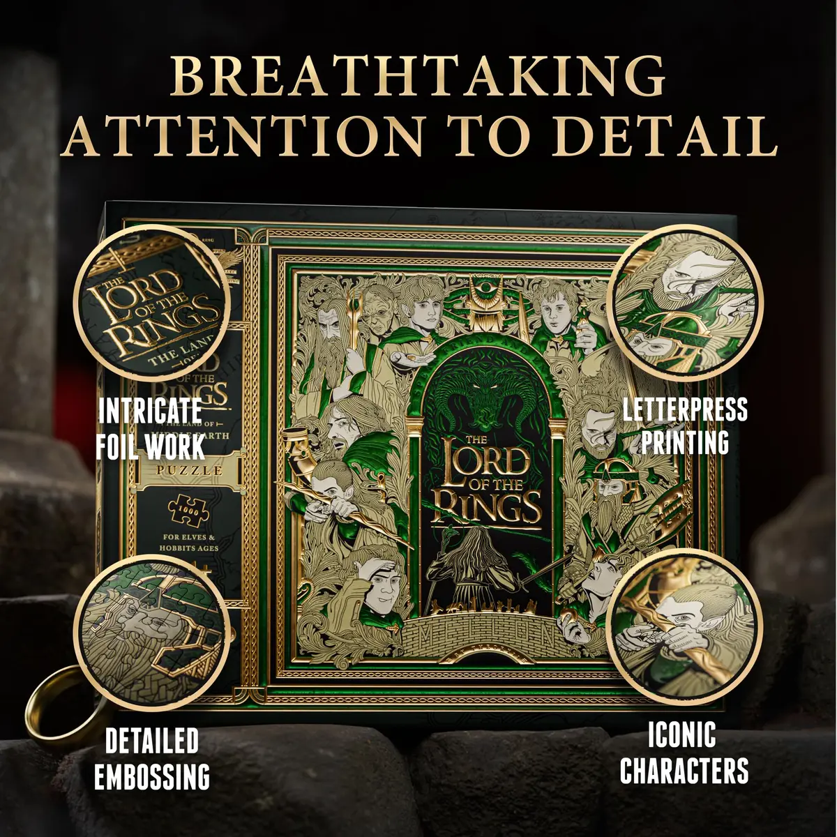 theory11 Lord of the Rings Jigsaw Puzzle - 1,000 Piece | Middle-earth Artwork with Gold & Green Foil (9.75 in x 8 in) - view 3