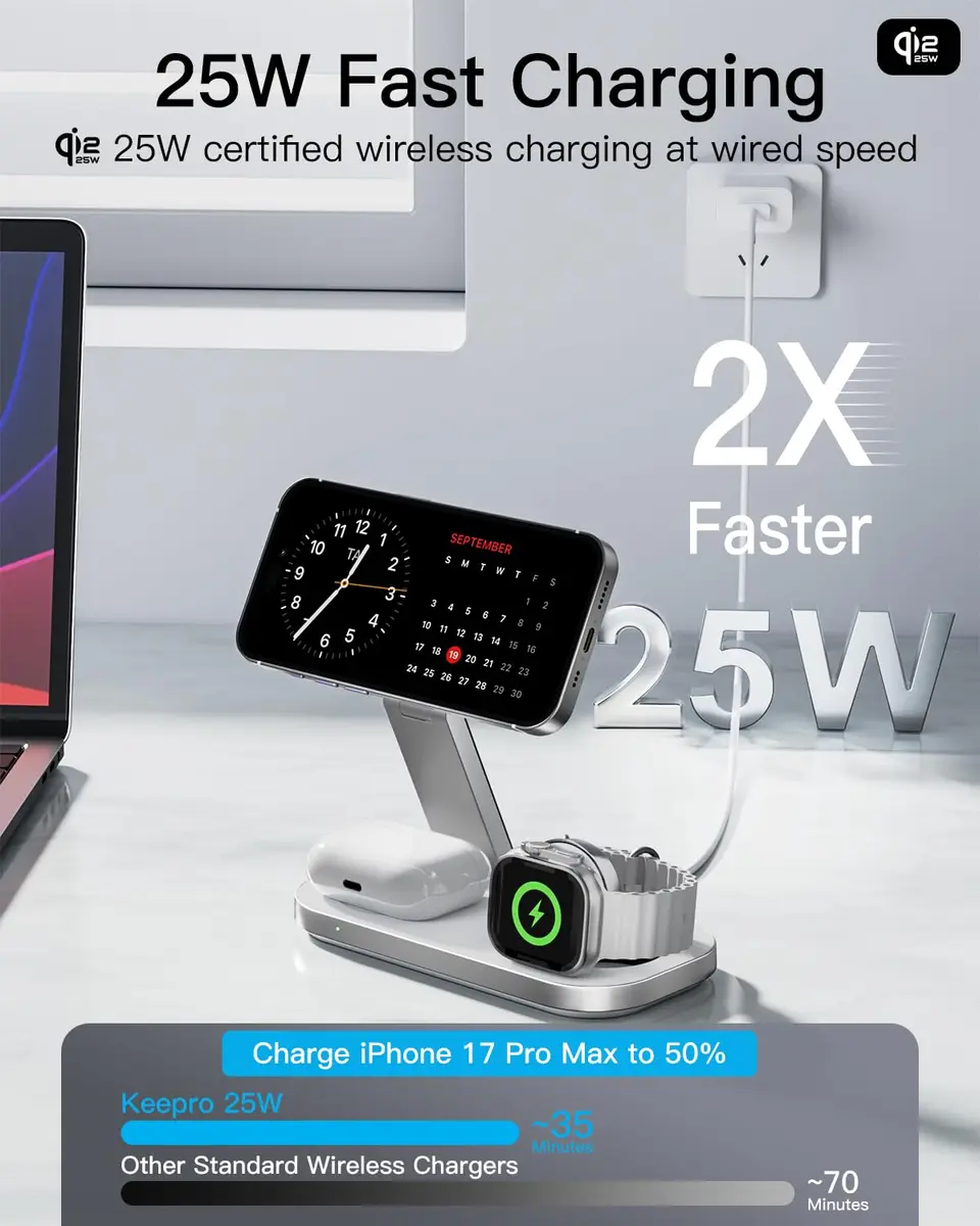 KEEPRO 3-in-1 Charging Station for Apple Devices | Qi2 25W Fast Wireless MagSafe Stand - view 2