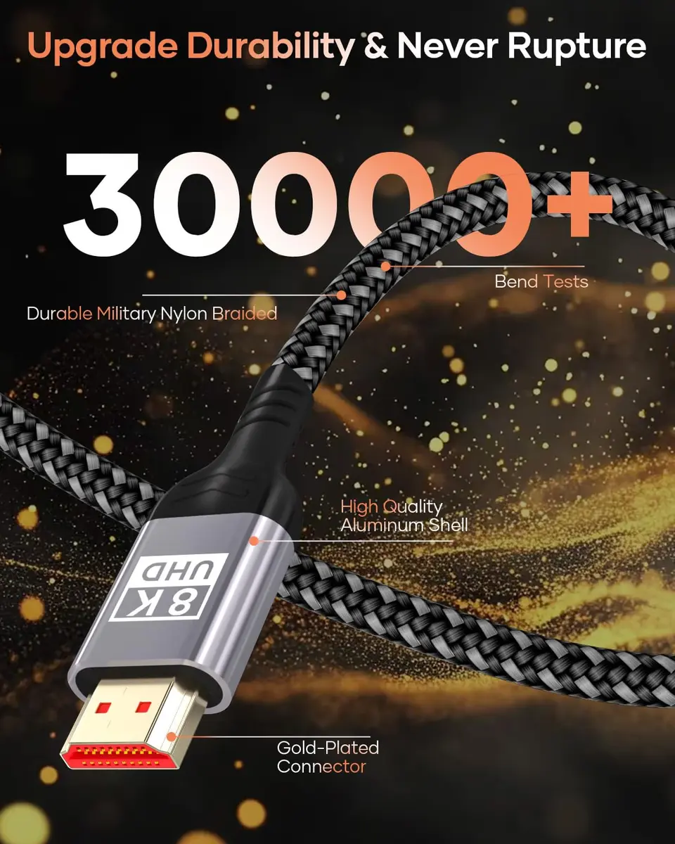 Nersligek 8K 10K 4K HDMI Cable 10ft | Ultra High Speed HDMI 2.1, 48Gbps, Braided Cord, 4K@120Hz, 8K@60Hz, HDR, eARC, PS5 Compatible - view 8