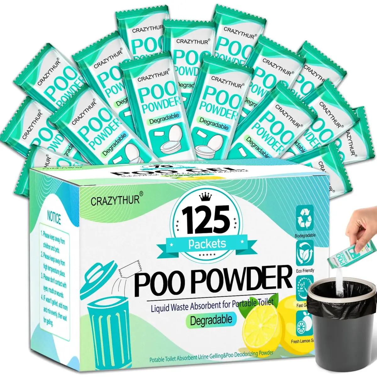 CRAZYTHUR Portable Toilet Gel Powder 125PCS Lemon Scent | Solidifies Waste 2x Faster - main product image