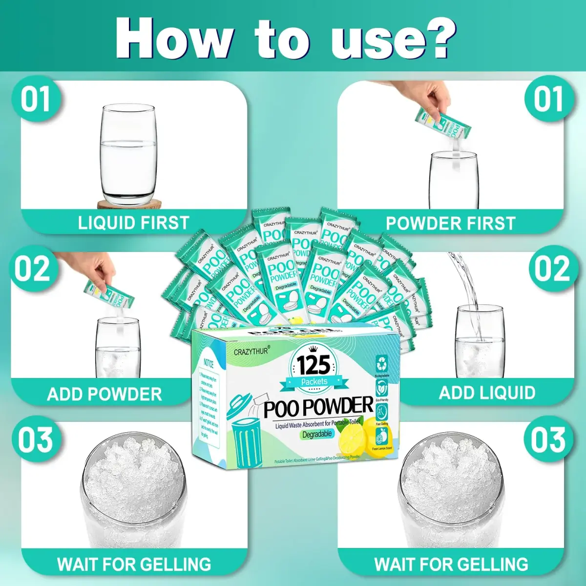 CRAZYTHUR Portable Toilet Gel Powder 125PCS Lemon Scent | Solidifies Waste 2x Faster - view 7