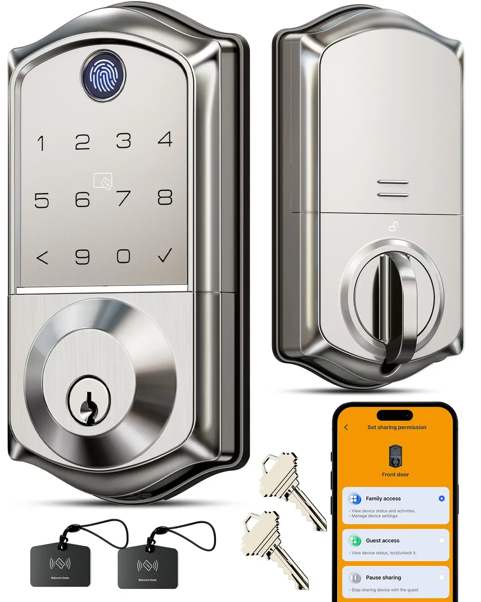 Veise VE017 Fingerprint Smart Door Lock with App Control, Satin Nickel, 1.02 kg (2.25 lb) - main product image