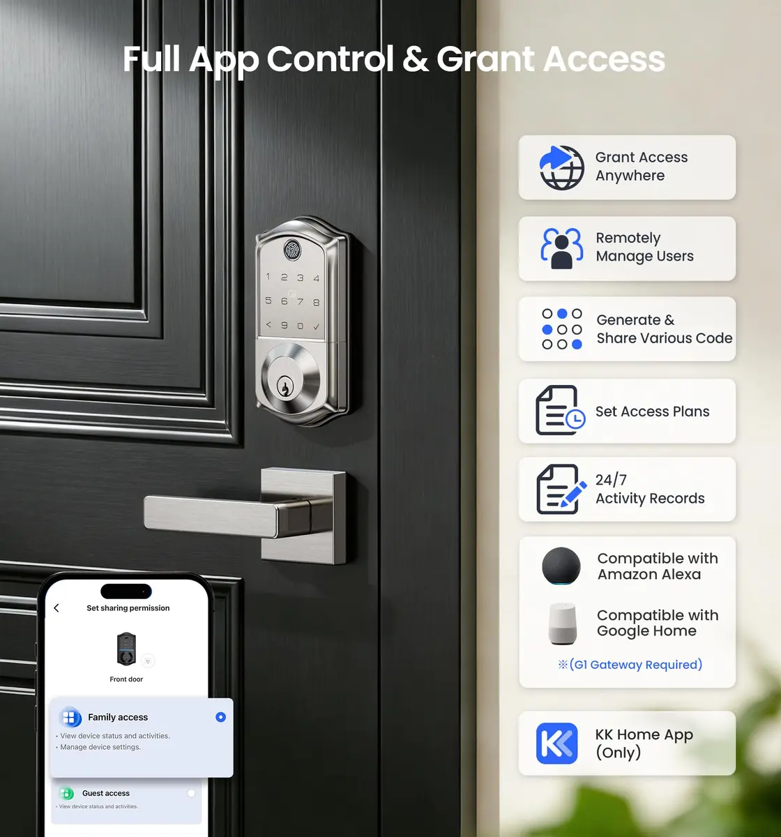 Veise VE017 Fingerprint Smart Door Lock with App Control, Satin Nickel, 1.02 kg (2.25 lb) - view 2