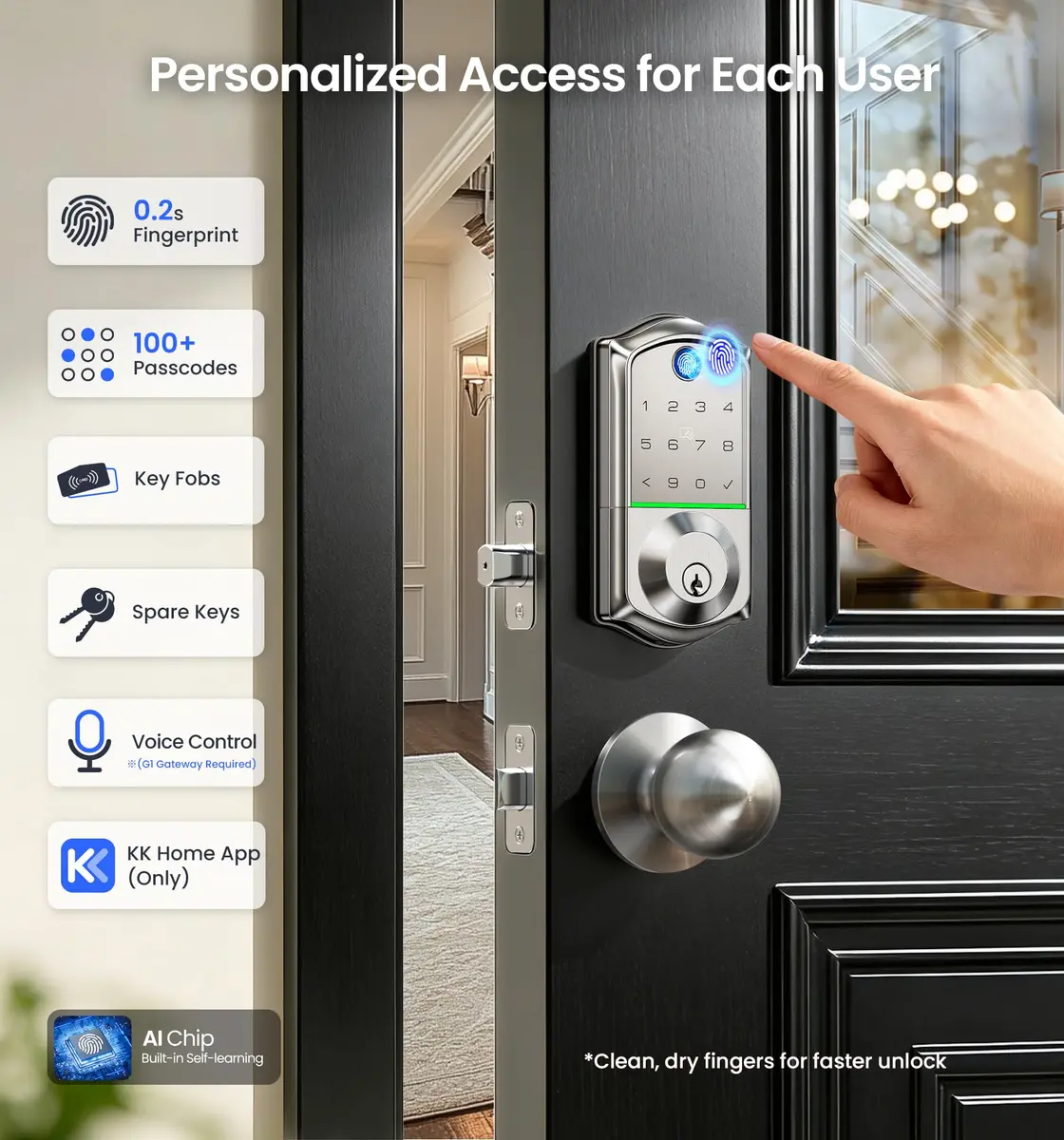 Veise VE017 Fingerprint Smart Door Lock with App Control, Satin Nickel, 1.02 kg (2.25 lb) - view 3