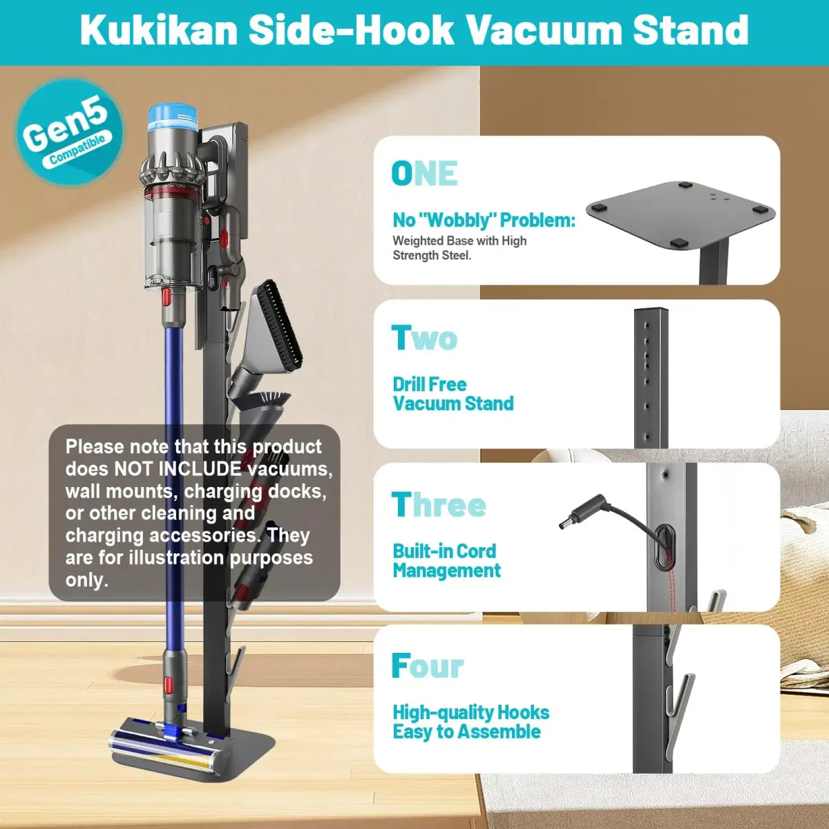 Kukikan Metal Vacuum Stand Holder for Dyson V8-V15, Gen5 | 47.8 inch (121.4 cm) Floor Docking Station with 6 Hooks - view 5