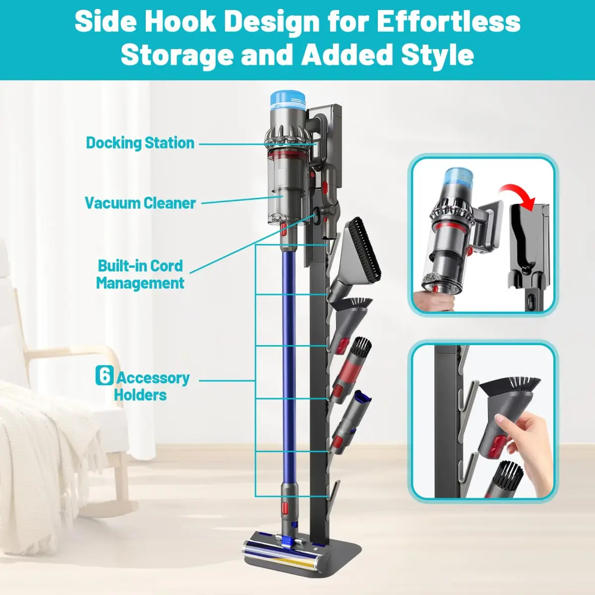 Kukikan Metal Vacuum Stand Holder for Dyson V8-V15, Gen5 | 47.8 inch (121.4 cm) Floor Docking Station with 6 Hooks - view 6
