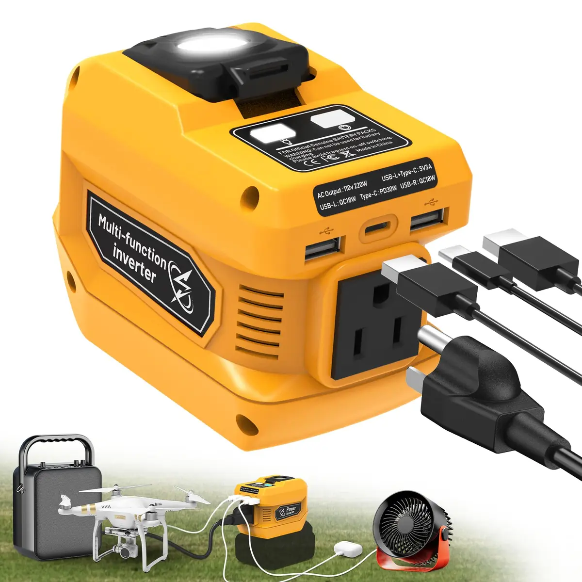 PlantPalGear 20V Power Inverter | Compatible with Dewalt 20V Batteries, Portable DC to AC Converter, 220W, with LED Work Light - main product image