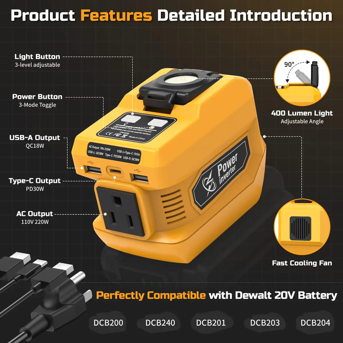 PlantPalGear 20V Power Inverter | Compatible with Dewalt 20V Batteries, Portable DC to AC Converter, 220W, with LED Work Light - view 2