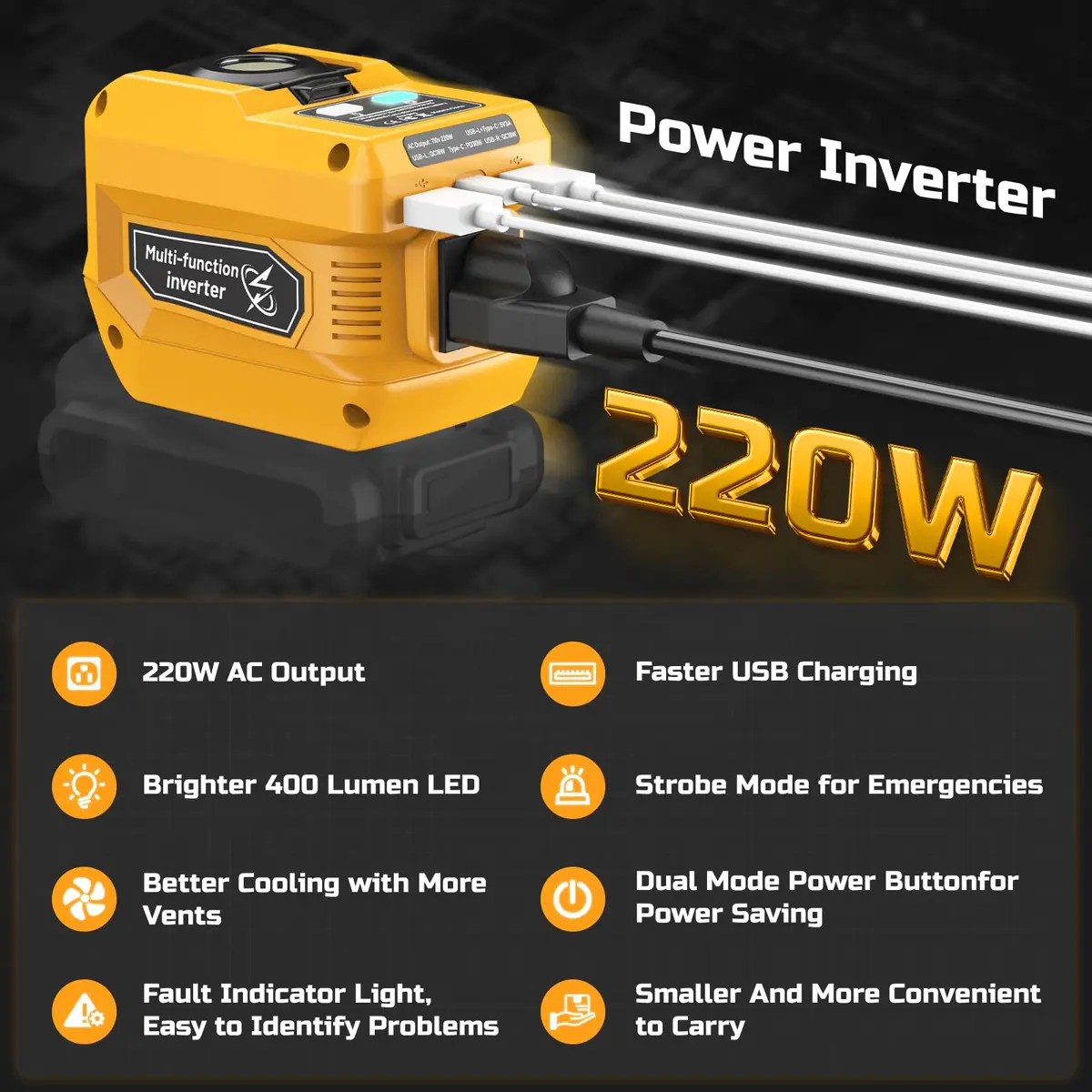 PlantPalGear 20V Power Inverter | Compatible with Dewalt 20V Batteries, Portable DC to AC Converter, 220W, with LED Work Light - view 3