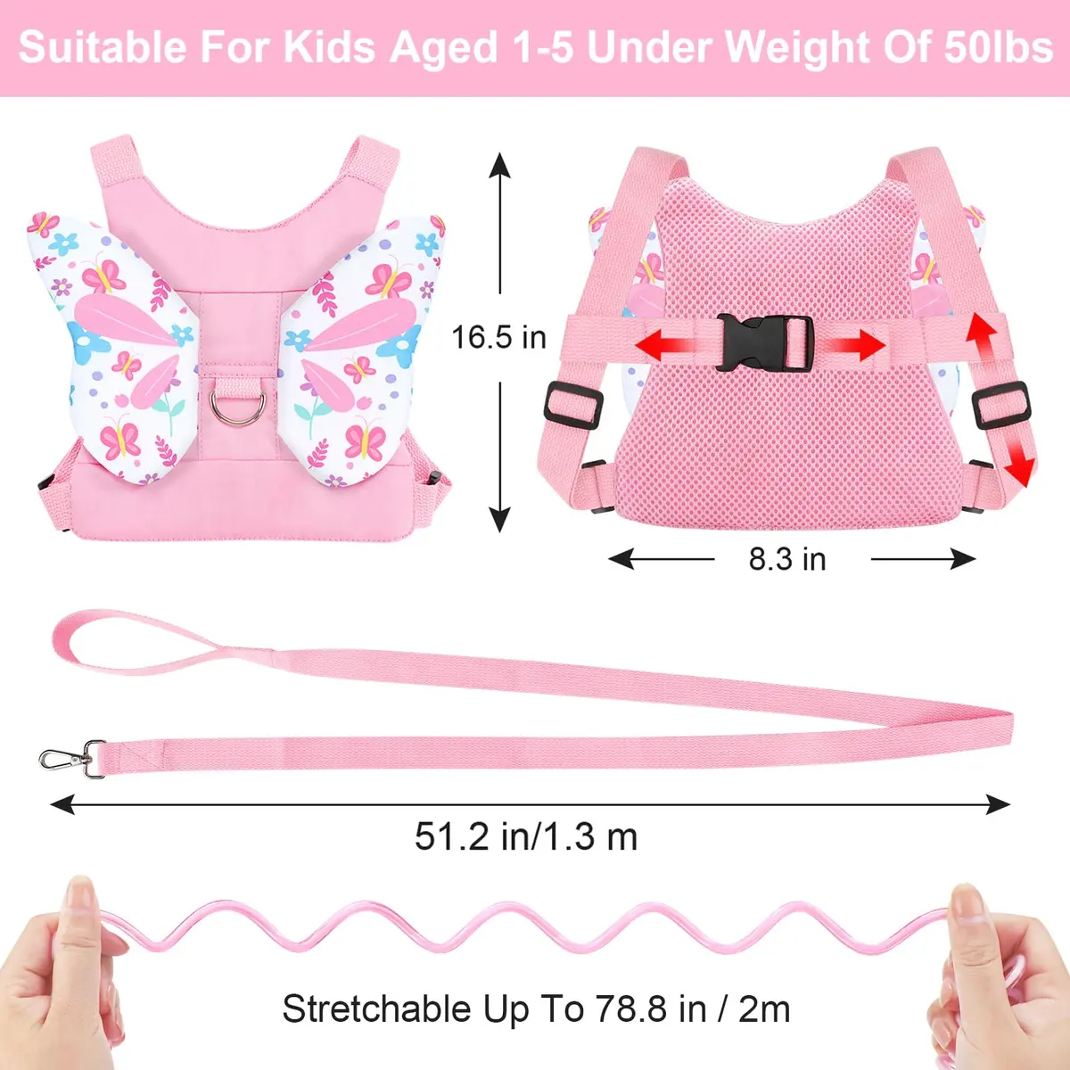 Accmor Toddler Harness Leash 3 in 1 Pink | Cute Butterfly Kids Leash & Anti-Lost Wrist Link - view 2