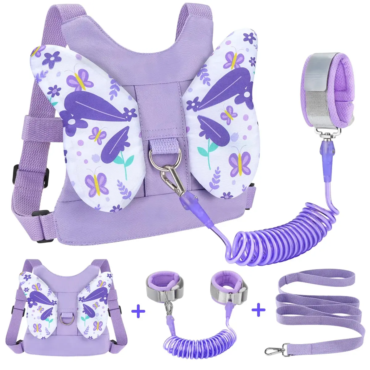 Accmor Light Purple Butterfly Toddler Harness Leash with Anti-Lost Wrist Link for Girls - main product image