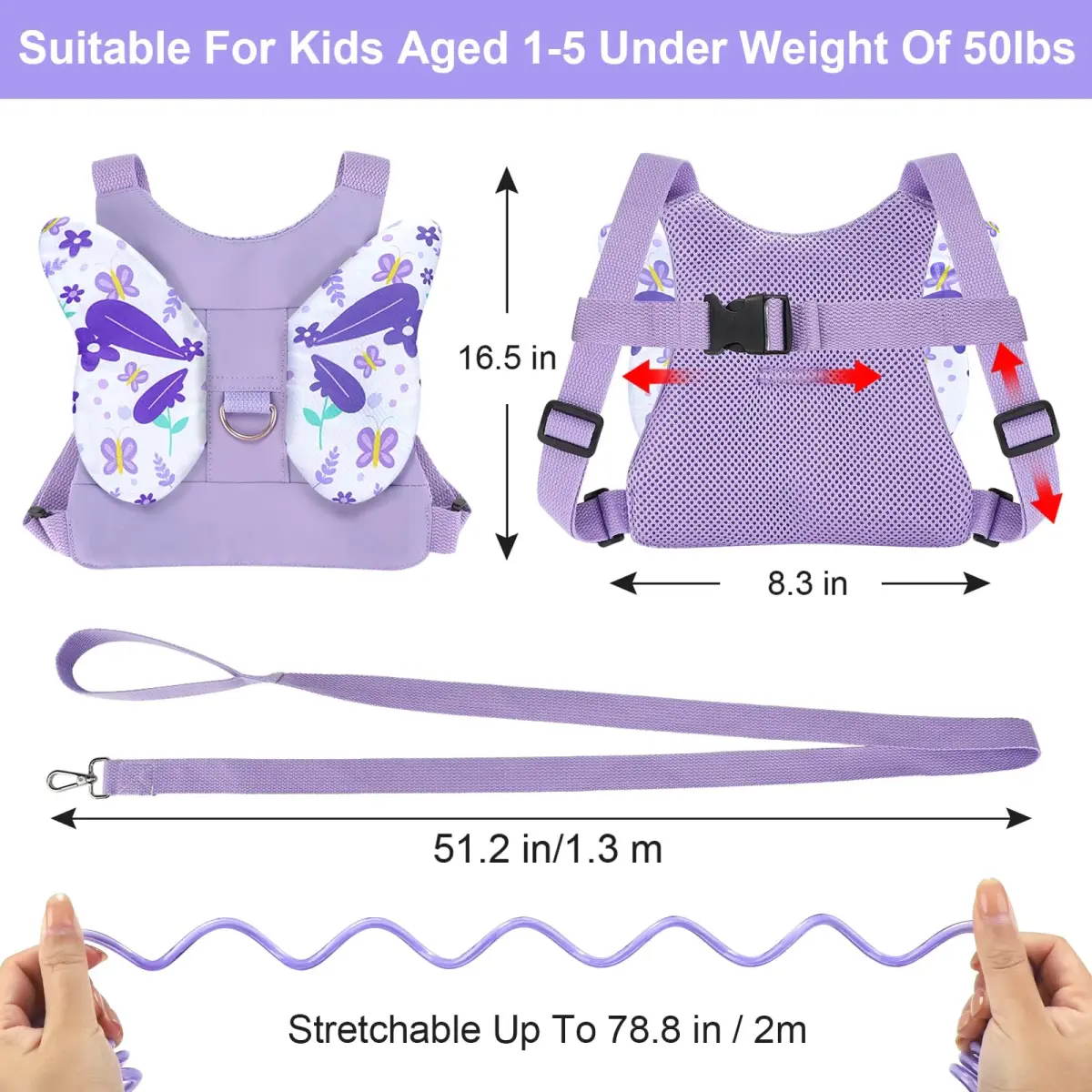 Accmor Light Purple Butterfly Toddler Harness Leash with Anti-Lost Wrist Link for Girls - view 2