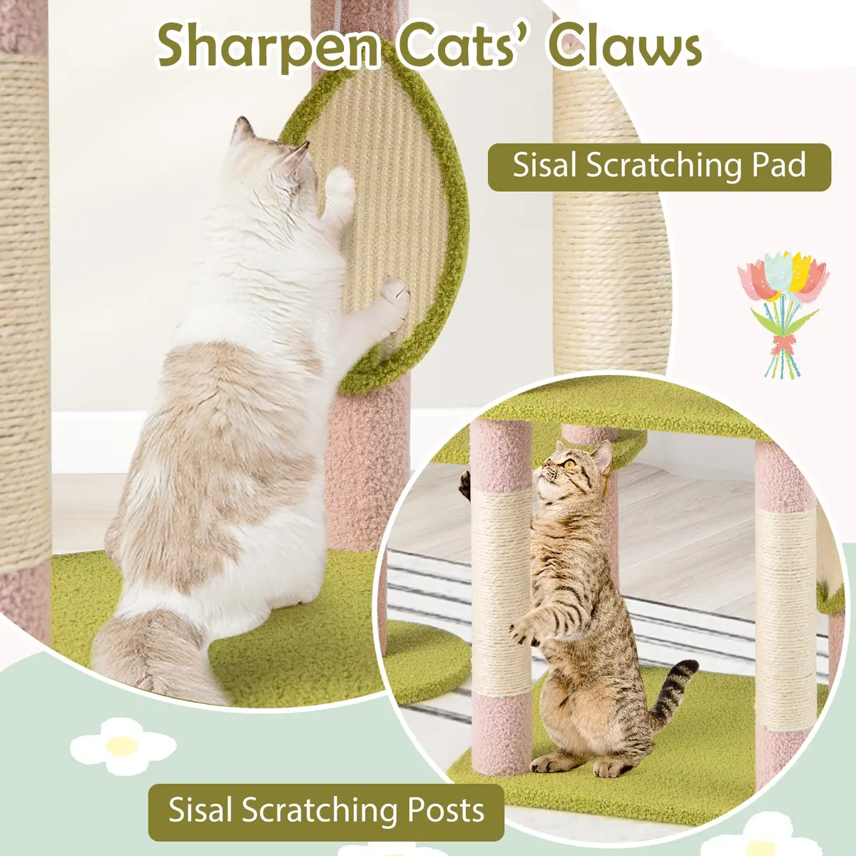 PETSITE 58-inch Flower Cat Tree with Sisal Posts & Teddy Fleece Perch | Multi-Level Indoor Cat Tower - view 7