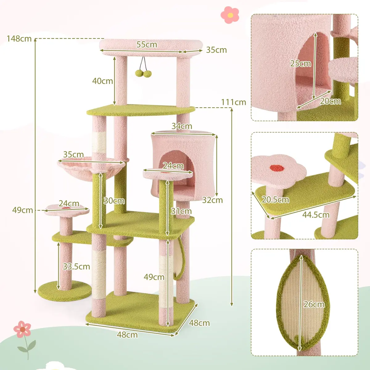 PETSITE 58-inch Flower Cat Tree with Sisal Posts & Teddy Fleece Perch | Multi-Level Indoor Cat Tower - view 9