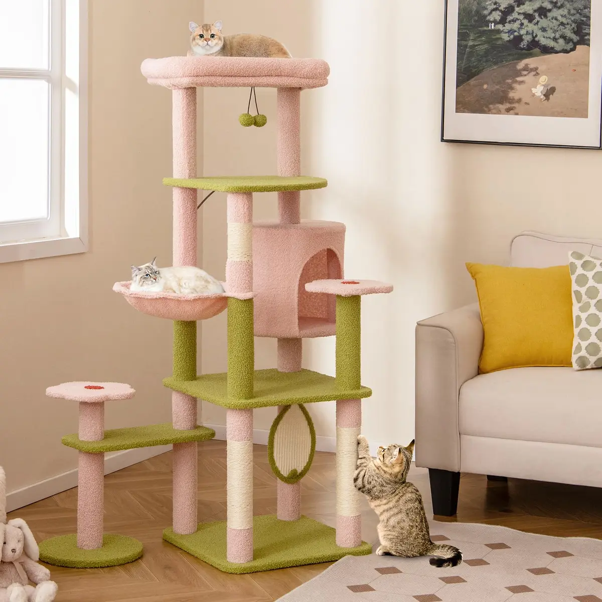 PETSITE 58-inch Flower Cat Tree with Sisal Posts & Teddy Fleece Perch | Multi-Level Indoor Cat Tower - view 2