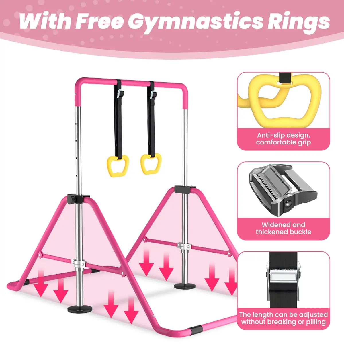 DOBESTS Gymnastics Bar with Rings, Adjustable Height Kids Training Kip Bar, Indoor/Outdoor Gym Equipment (35-51") - view 5