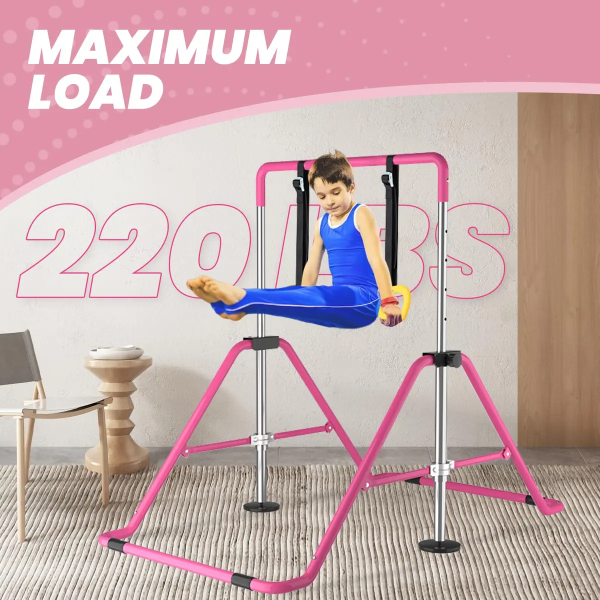 DOBESTS Gymnastics Bar with Rings, Adjustable Height Kids Training Kip Bar, Indoor/Outdoor Gym Equipment (35-51") - view 6