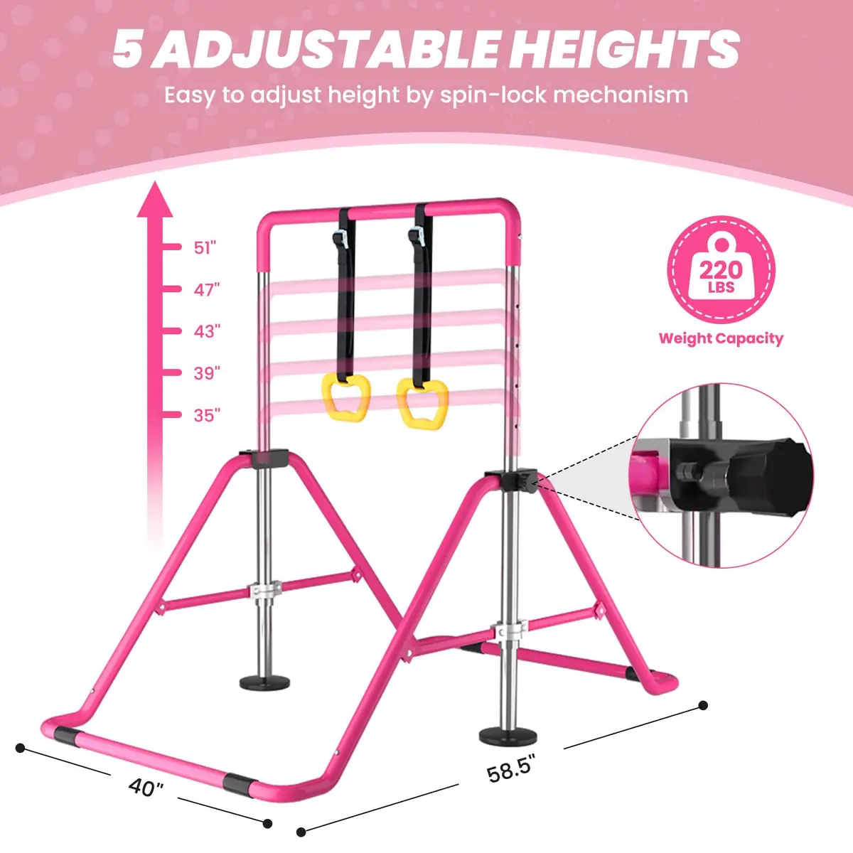 DOBESTS Gymnastics Bar with Rings, Adjustable Height Kids Training Kip Bar, Indoor/Outdoor Gym Equipment (35-51") - view 2
