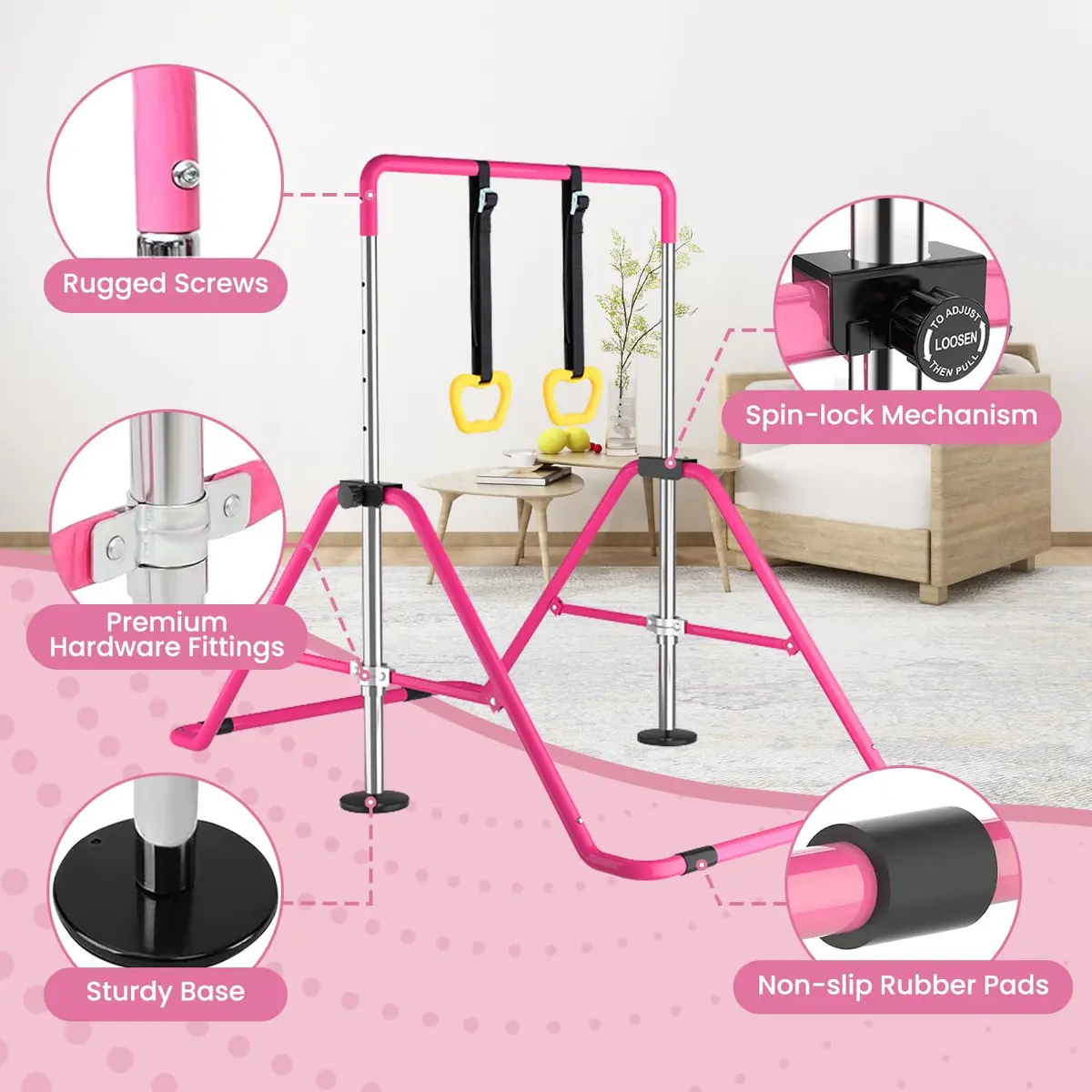 DOBESTS Gymnastics Bar with Rings, Adjustable Height Kids Training Kip Bar, Indoor/Outdoor Gym Equipment (35-51") - view 3