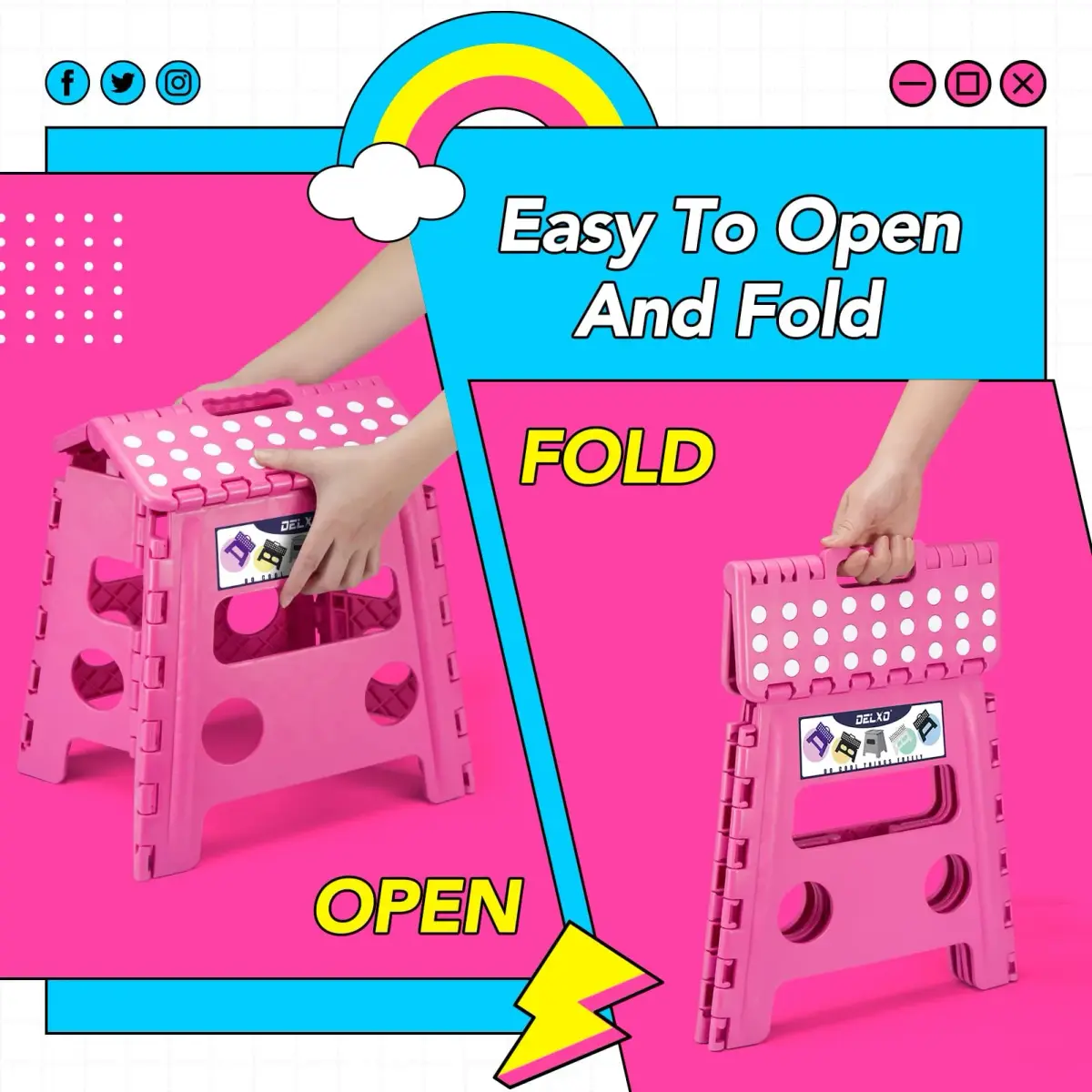 Delxo Folding Step Stool 13 Inch Pink | CPC Certified, Supports 300 lbs - view 7
