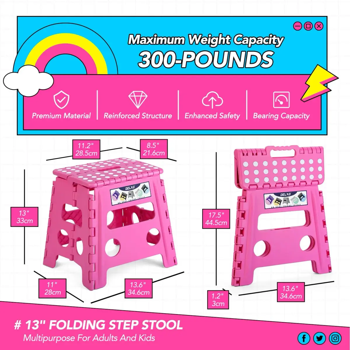 Delxo Folding Step Stool 13 Inch Pink | CPC Certified, Supports 300 lbs - view 2